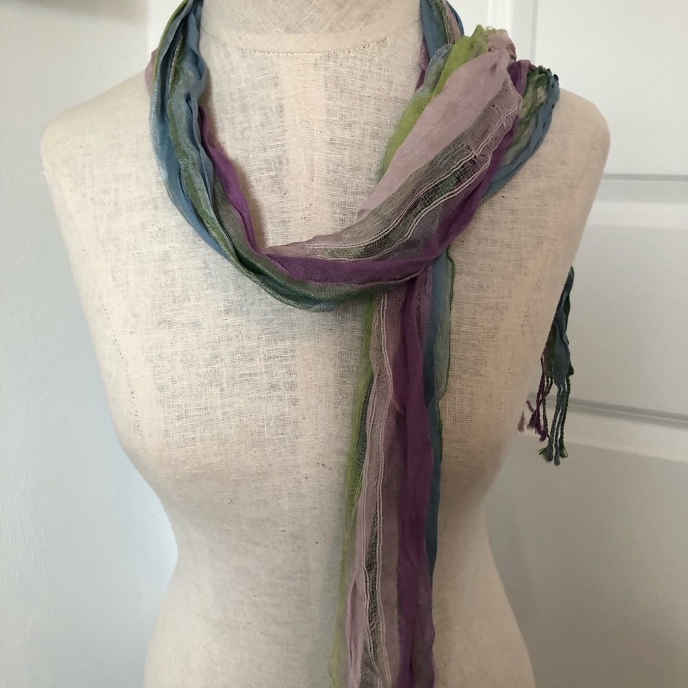 Bohemian Multi-Color Striped Gauze Semi-Sheer Scarf with Fringe.